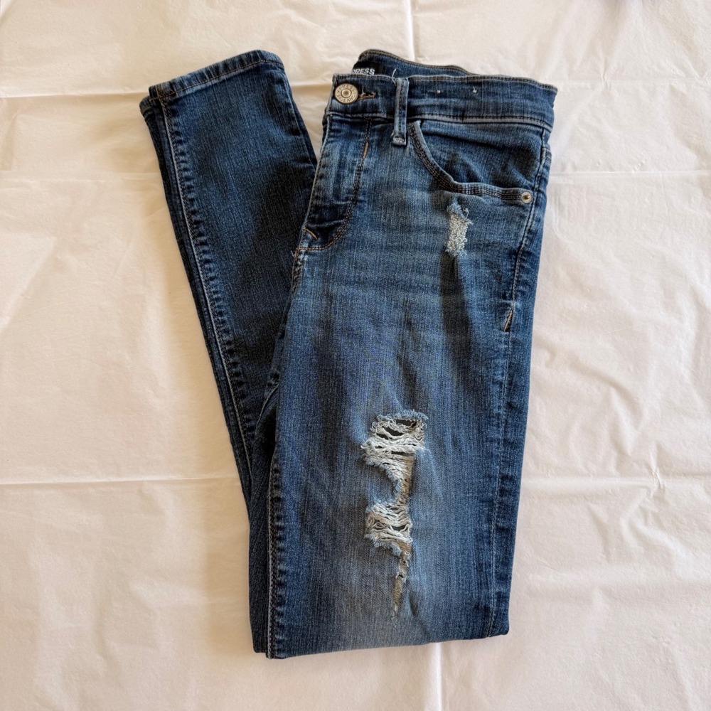 Express Skinny Jeans Women 4 Blue Good Distressed Ripped Mid Rise Denim